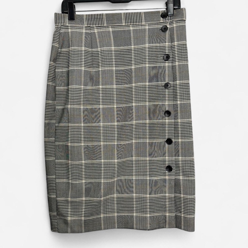 H&M Grey Plaid Academia Office Career Pencil Skirt Black Buttons Size 10 EUC‎